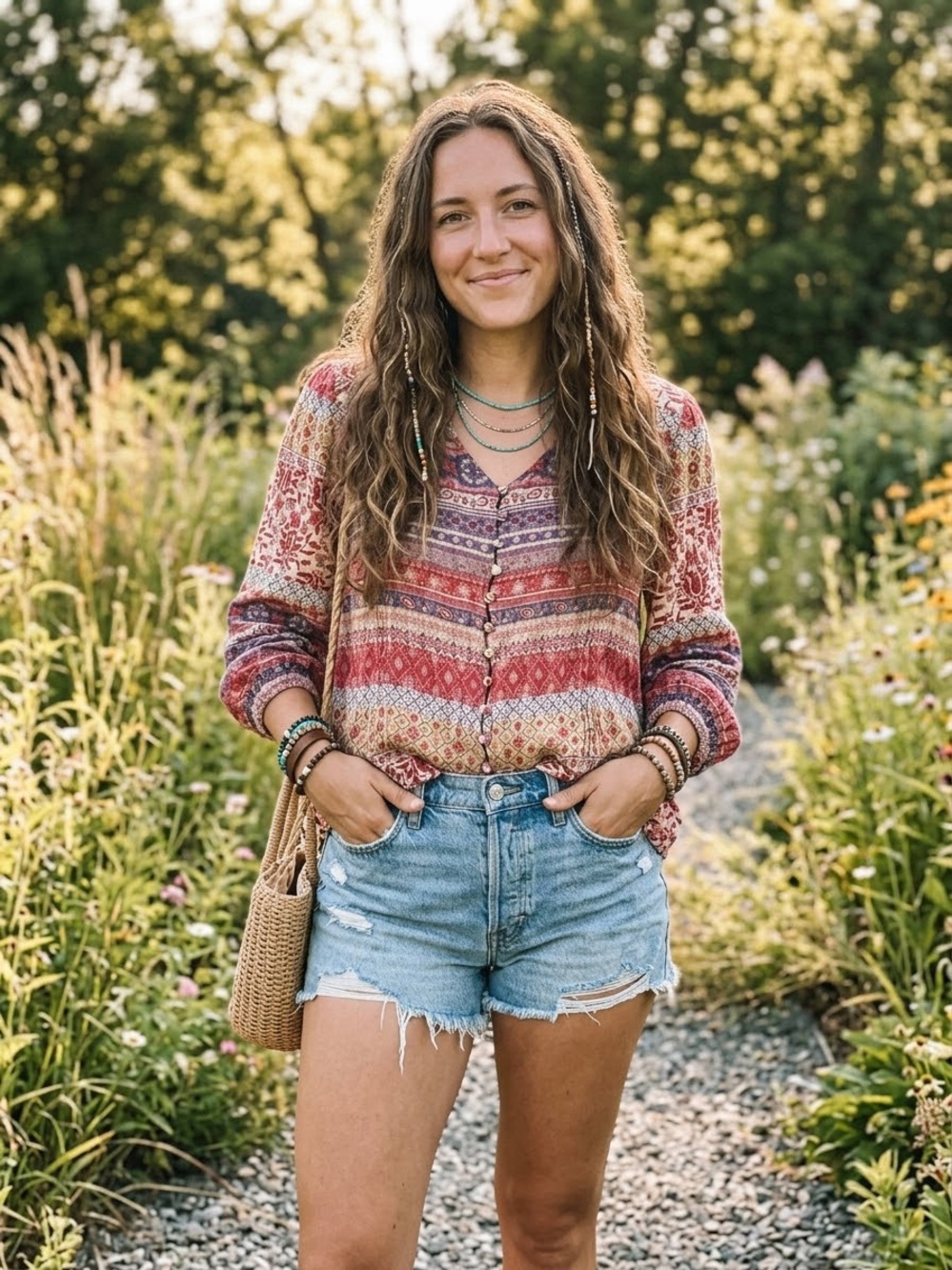 Bunulu Red Patterned Button-Front Peasant Blouse